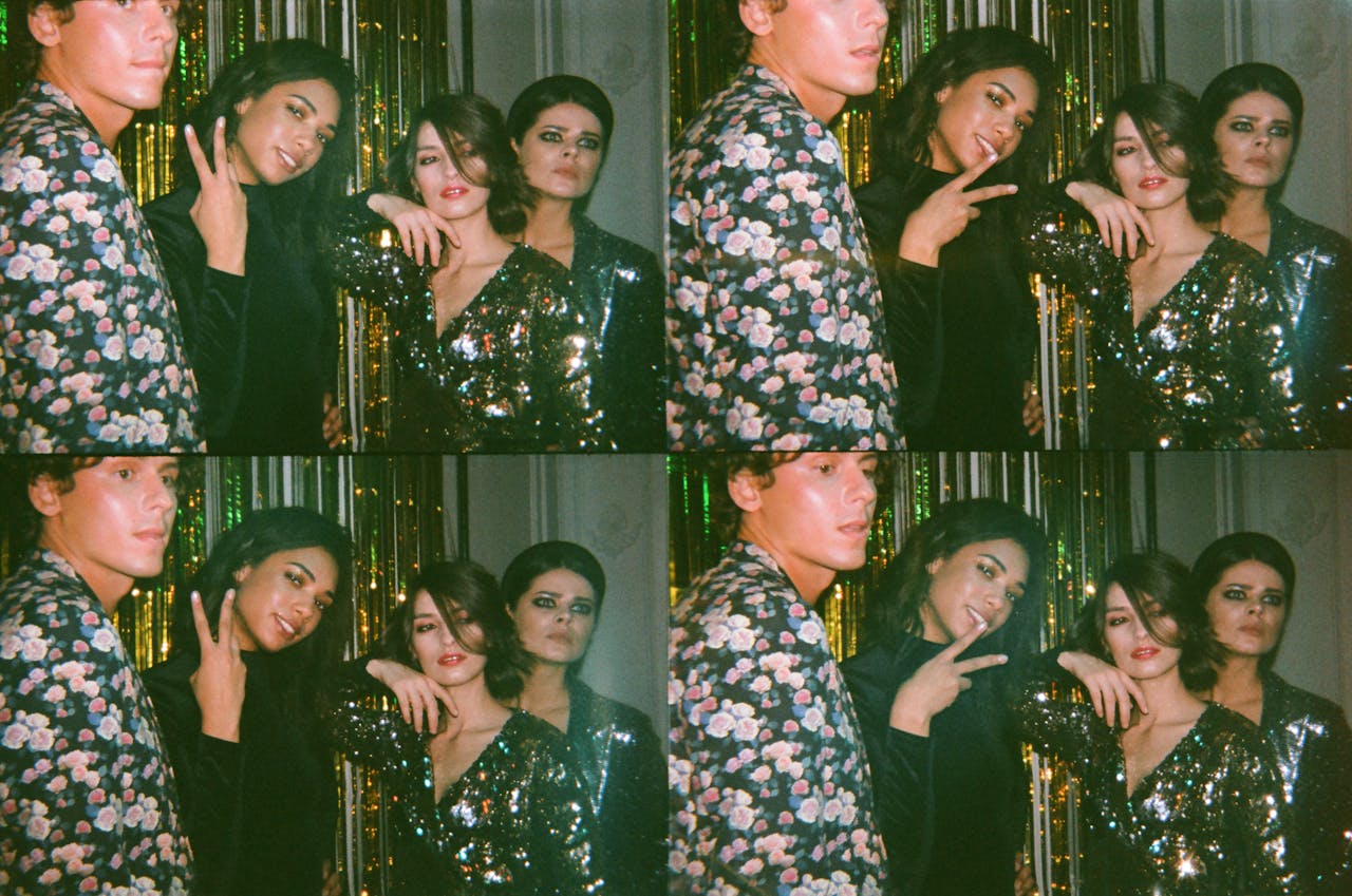 Trendy young adults posing stylishly in a vibrant party ambiance. Perfect for lifestyle and fashion themes.